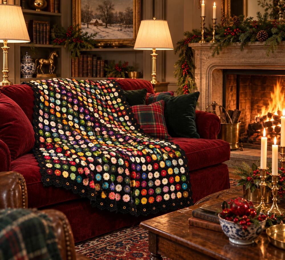 Vintage Wool Crochet Afghan Black Multicolor Miniature Flower Blanket 53 x 45
